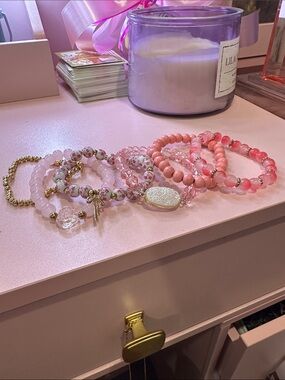 Pink Beaded Charm Bracelet Set - Women's Jewelry